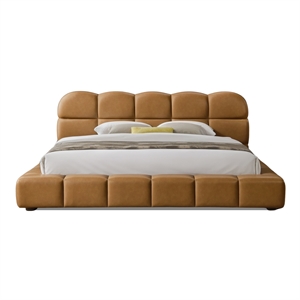 Melbourne King Size Leather Platform Bed with Curved Tufted Headboard in Tan