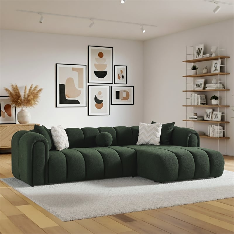 Columbus Luxe Green Boucle Fabric Sectional Sofa with Chaise and Stylish Pillows