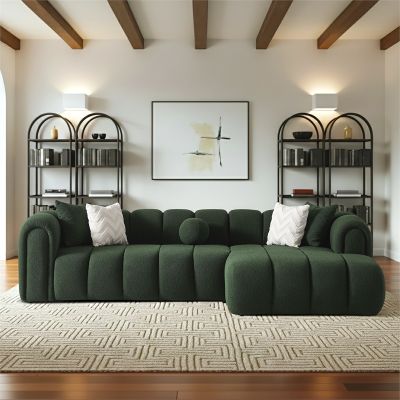 Columbus Luxe Green Boucle Fabric Sectional Sofa with Chaise and Stylish Pillows
