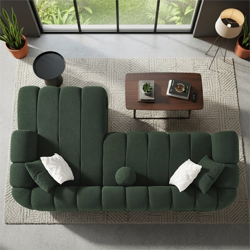 Columbus Luxe Green Boucle Fabric Sectional Sofa with Chaise and Stylish Pillows
