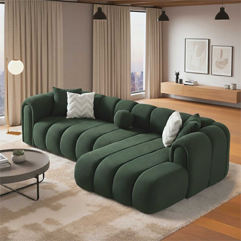 Columbus Luxe Green Boucle Fabric Sectional Sofa with Chaise and Stylish Pillows