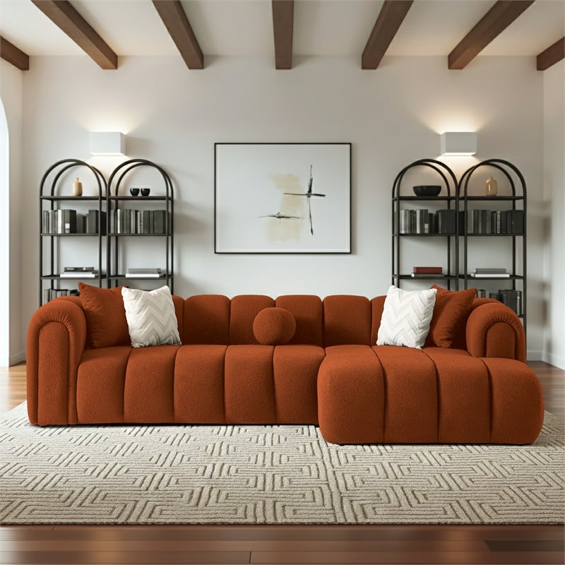 Columbus Luxe Orange Boucle Fabric Sectional Sofa with Chaise & Stylish Pillows