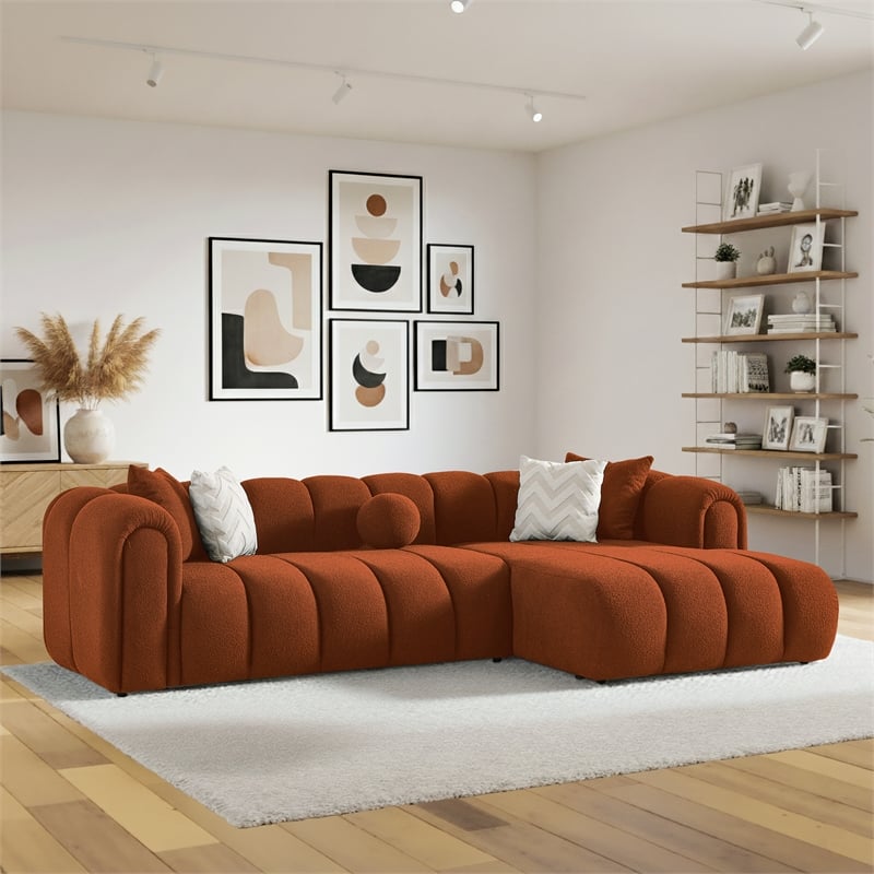 Columbus Luxe Orange Boucle Fabric Sectional Sofa with Chaise & Stylish Pillows