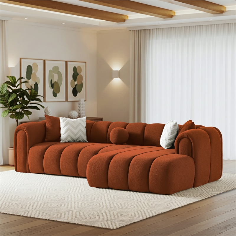 Columbus Luxe Orange Boucle Fabric Sectional Sofa with Chaise & Stylish Pillows