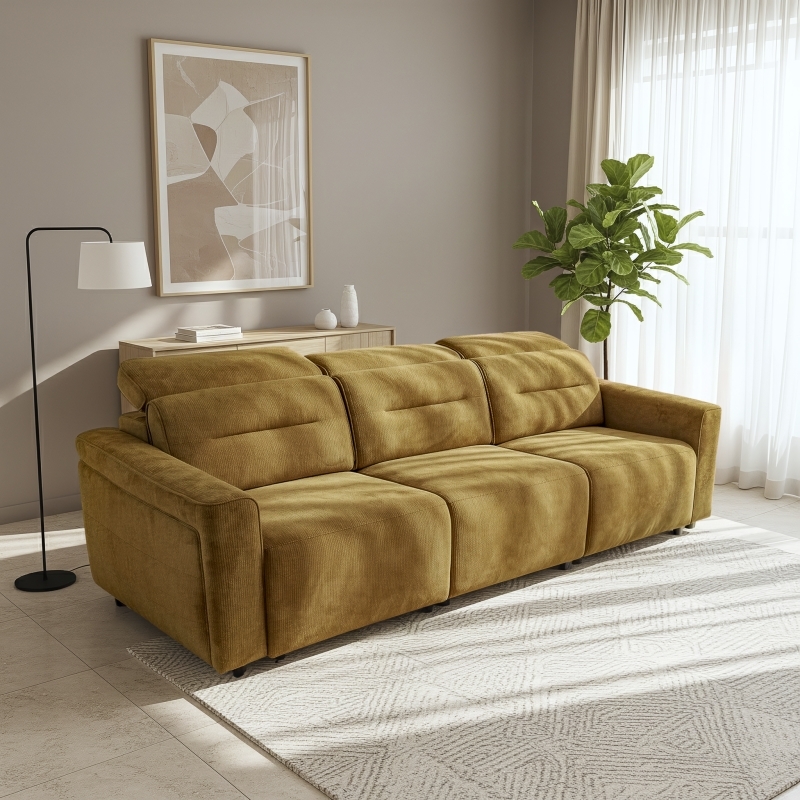 Decatur Power Glide Gold Fabric Sofa with USB Charging Ports & Zero Wall Design
