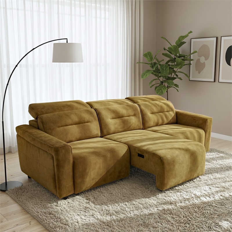 Decatur Power Glide Gold Fabric Sofa with USB Charging Ports & Zero Wall Design