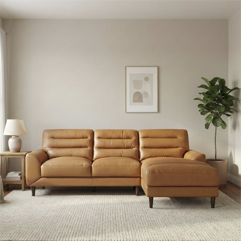 Boone Genuine Tan Leather Sectional Sofa & Chaise with Minimalist Design