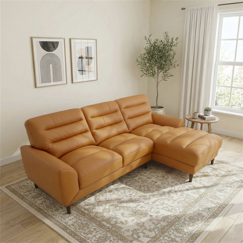 Boone Genuine Tan Leather Sectional Sofa & Chaise with Minimalist Design