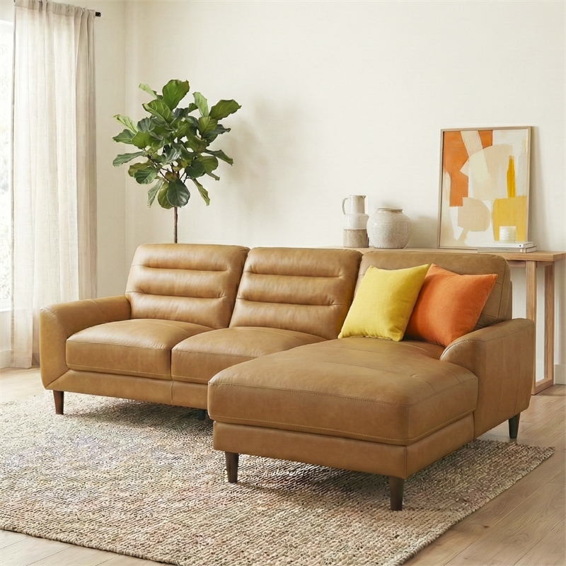 Boone Genuine Tan Leather Sectional Sofa & Chaise with Minimalist Design