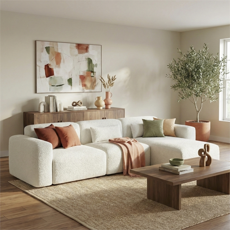 Houma Plush Sand Boucle Fabric 3-Piece Sectional Sofa with Chaise & Pillows