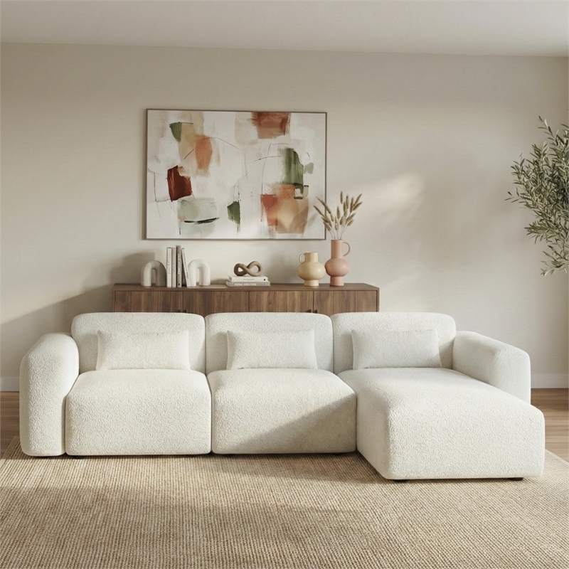 Houma Plush Sand Boucle Fabric 3-Piece Sectional Sofa with Chaise & Pillows