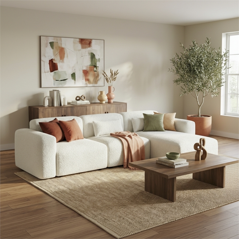Houma Plush Sand Boucle Fabric 3-Piece Sectional Sofa with Chaise & Pillows