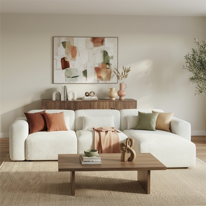 Houma Plush Sand Boucle Fabric 3-Piece Sectional Sofa with Chaise & Pillows