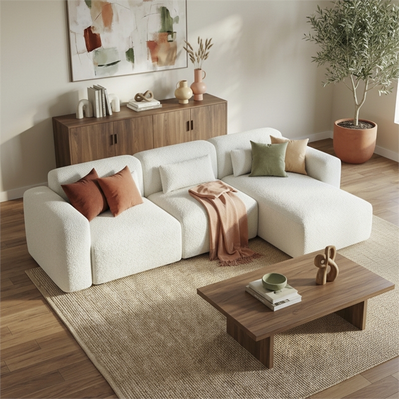 Houma Plush Sand Boucle Fabric 3-Piece Sectional Sofa with Chaise & Pillows