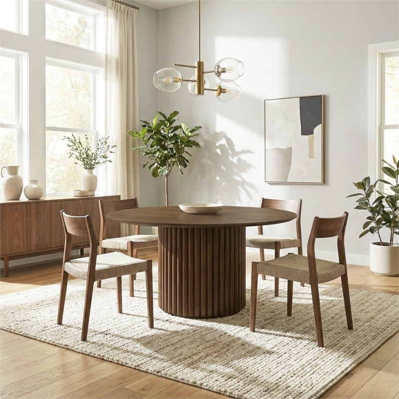 Lancelot Round Solid Wood Dining Table with Sculptural Pedestal Base