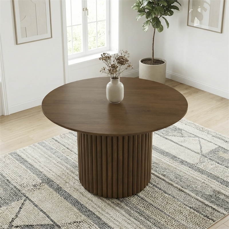 Lancelot Round Solid Wood Dining Table with Sculptural Pedestal Base