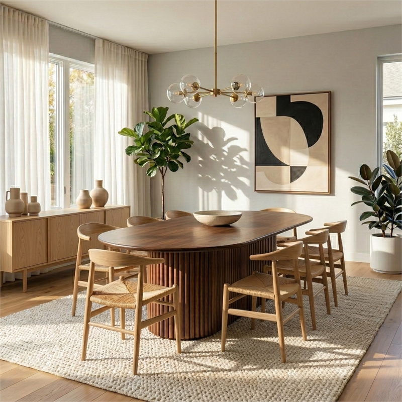 Lancelot Contemporary Oval Dining Table with Sculptural Design in Walnut Finish