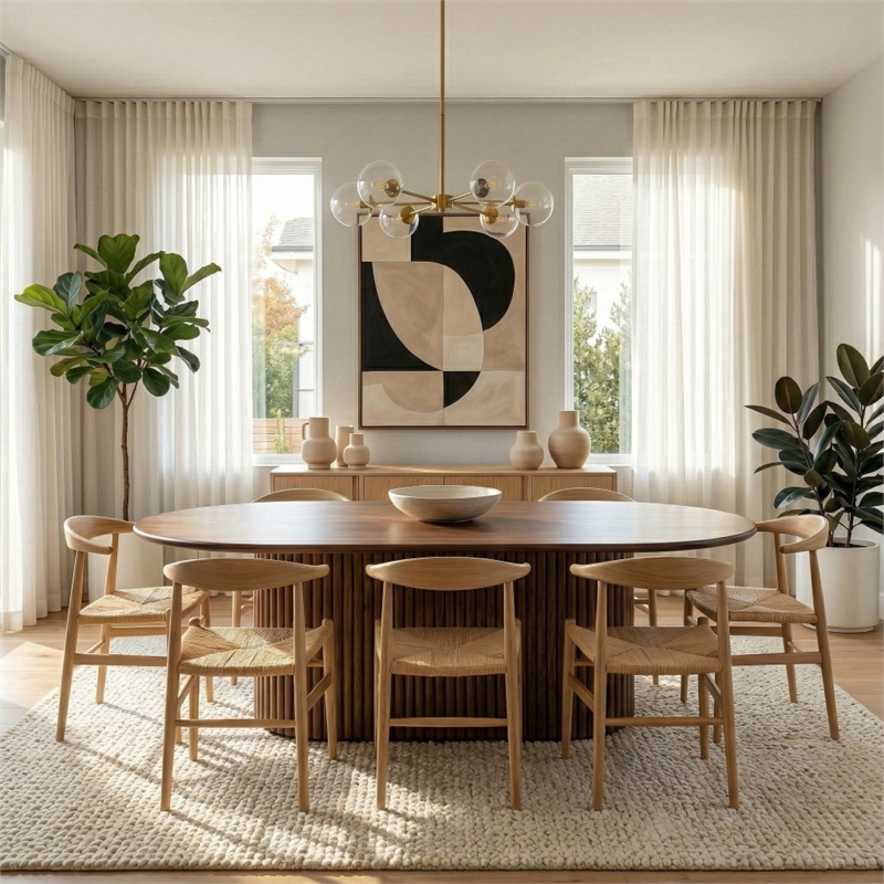 Lancelot Contemporary Oval Dining Table with Sculptural Design in Walnut Finish