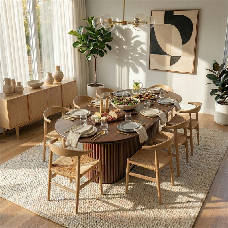Lancelot Contemporary Oval Dining Table with Sculptural Design in Walnut Finish