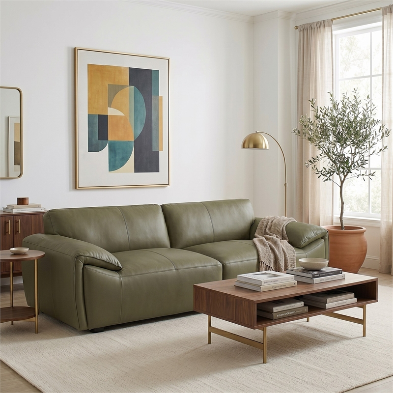 Pittsburgh Luxurious Real Leather Statement Sofa for Modern Homes in Olive Green