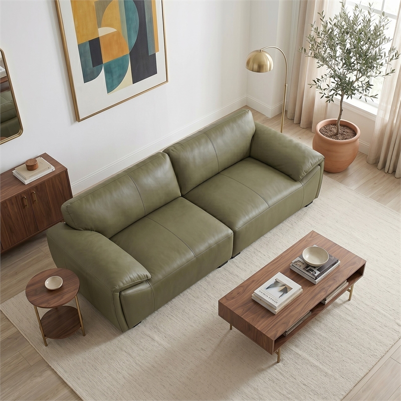 Pittsburgh Luxurious Real Leather Statement Sofa for Modern Homes in Olive Green