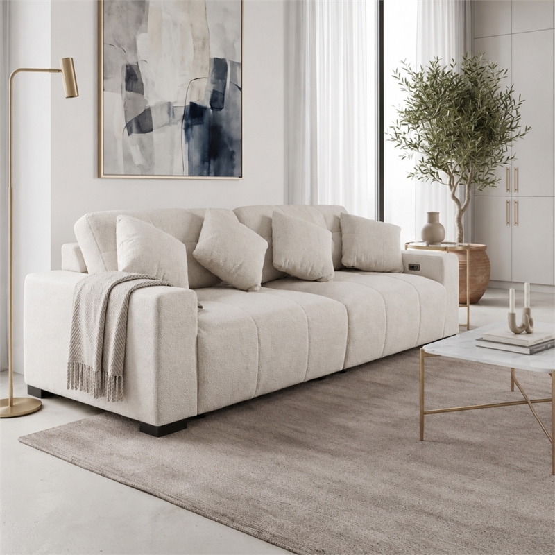Valparaiso Modern Power Reclining 3-Seat Linen Fabric Sofa with Integrated Controls in Beige