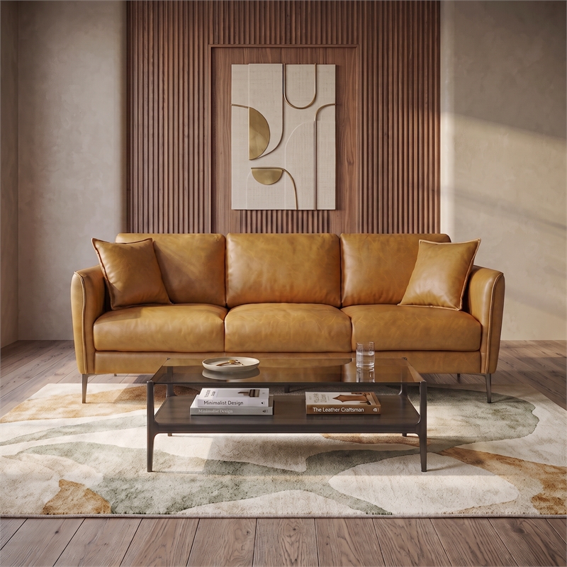 Cartersville Top-Grain Leather Mid-Century Modern 3-Seater Sofa with Sturdy Frame in Tan