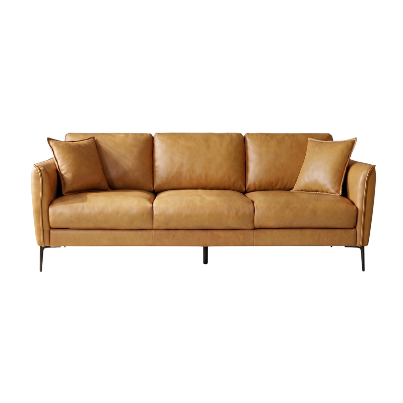 Cartersville Top-Grain Leather Mid-Century Modern 3-Seater Sofa with Sturdy Frame in Tan