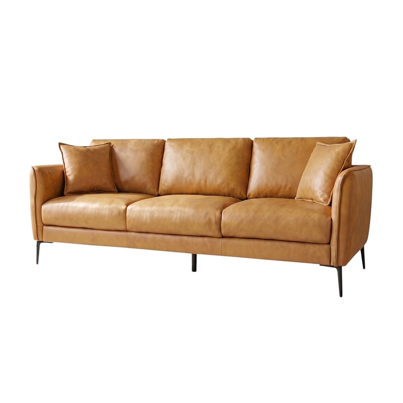 Cartersville Top-Grain Leather Mid-Century Modern 3-Seater Sofa with Sturdy Frame in Tan