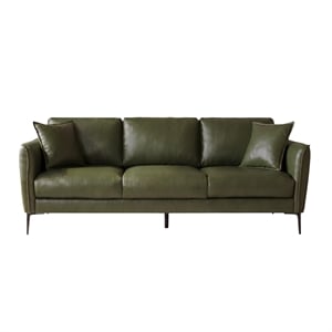 Cartersville Top-Grain Leather Mid-Century Modern 3-Seater Sofa with Sturdy Frame in Green