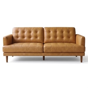 Coatesville 3-Seater Mid-Century Top-Grain Leather Sofa with Solid Wood Legs in Tan