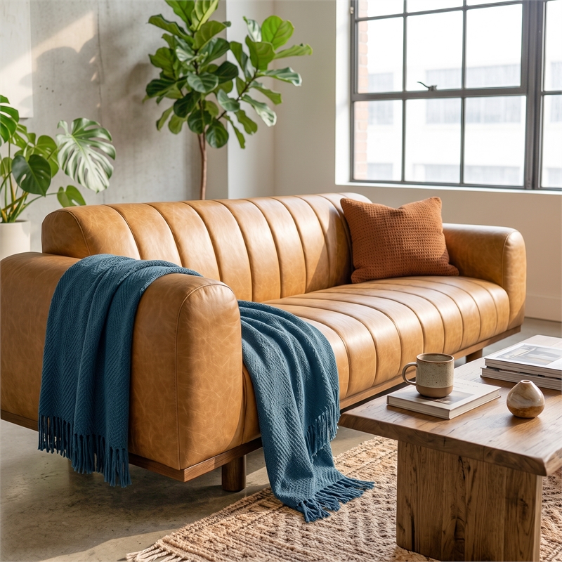 Nevada Mid-Century Modern Leather Channel Tufted 3-Seater Sofa with Easy Assembly in Tan