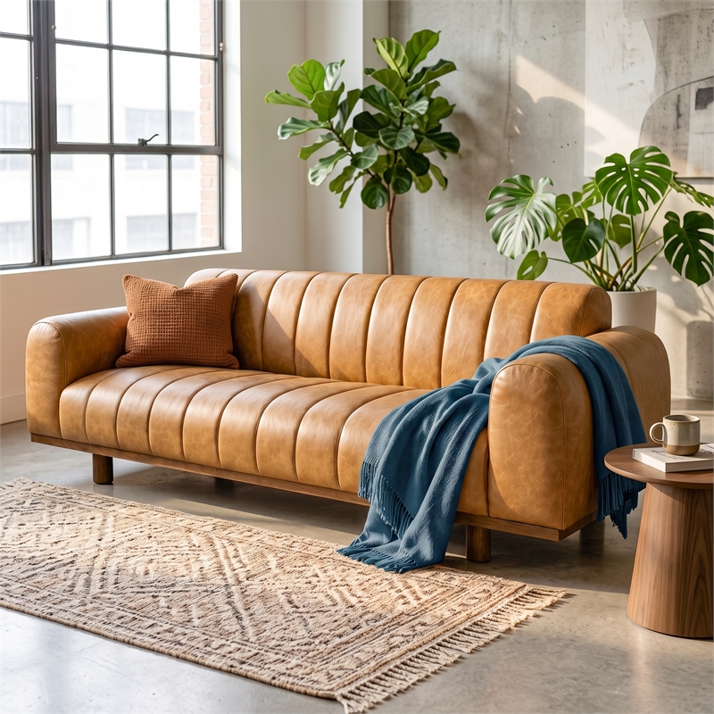 Nevada Mid-Century Modern Leather Channel Tufted 3-Seater Sofa with Easy Assembly in Tan