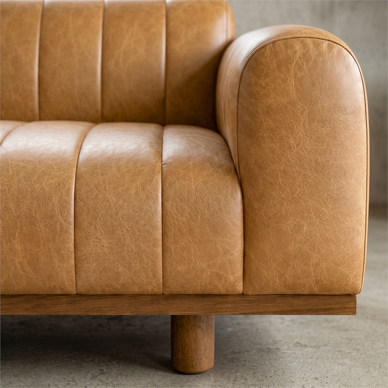 Nevada Mid-Century Modern Leather Channel Tufted 3-Seater Sofa with Easy Assembly in Tan