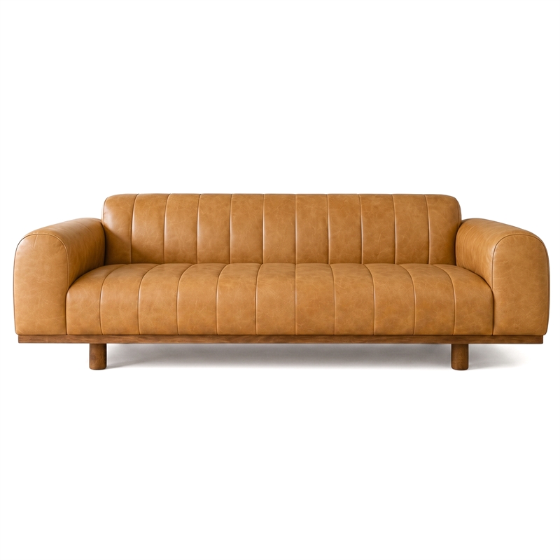 Nevada Mid-Century Modern Leather Channel Tufted 3-Seater Sofa with Easy Assembly in Tan