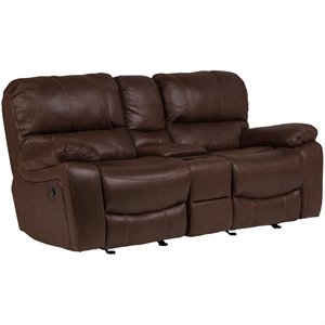 ramsey leather-look microfiber reclining gliding console loveseat - brown