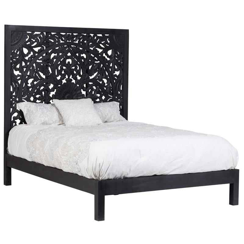 Bali Hand Carved Floral Queen Bed - Black