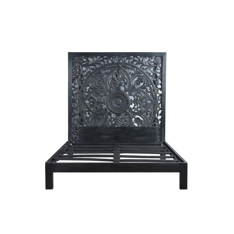 Bali Hand Carved Floral Queen Bed - Black