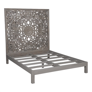 Porter Designs Mandala Hand Carved Motif Solid Wood Queen Bed in Gray