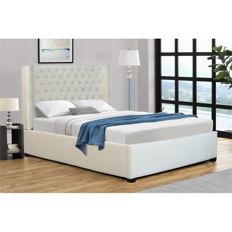 Kingway Furniture  Ceder Velvet Platform Calking Bed in Beige
