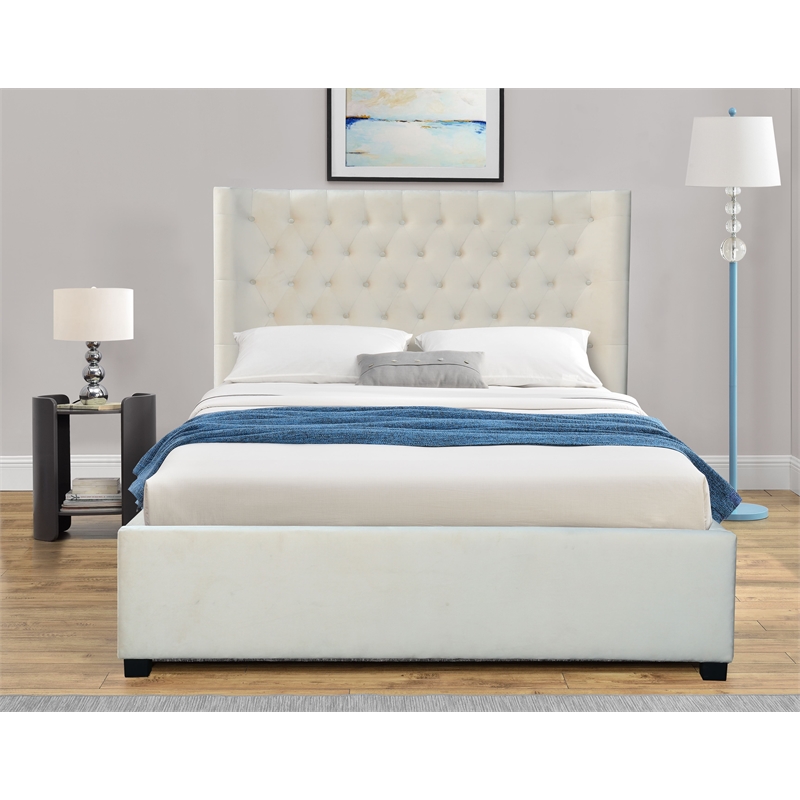 Kingway Furniture  Ceder Velvet Platform Calking Bed in Beige