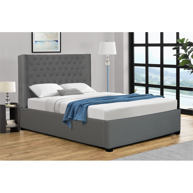 Kingway Furniture  Ceder Velvet Platform Calking Bed in Gray