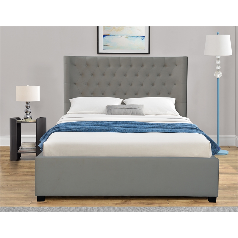 Kingway Furniture  Ceder Velvet Platform Calking Bed in Gray