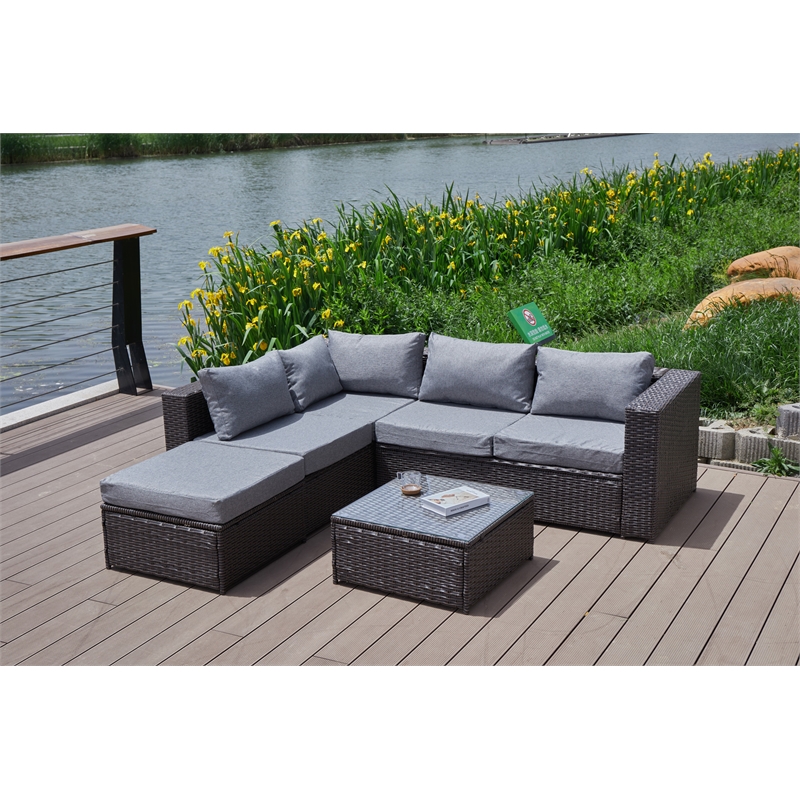 Kingway Furniture Venor Grey Wicker/Rattan Sectional with Glass top Coffee table