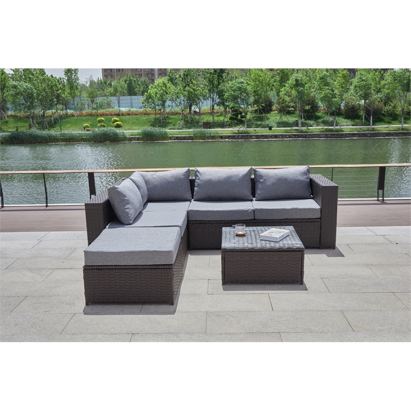 Kingway Furniture Venor Grey Wicker/Rattan Sectional with Glass top Coffee table