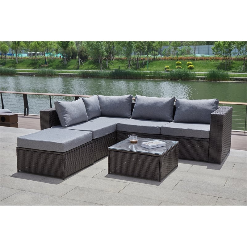 Kingway Furniture Venor Grey Wicker/Rattan Sectional with Glass top Coffee table