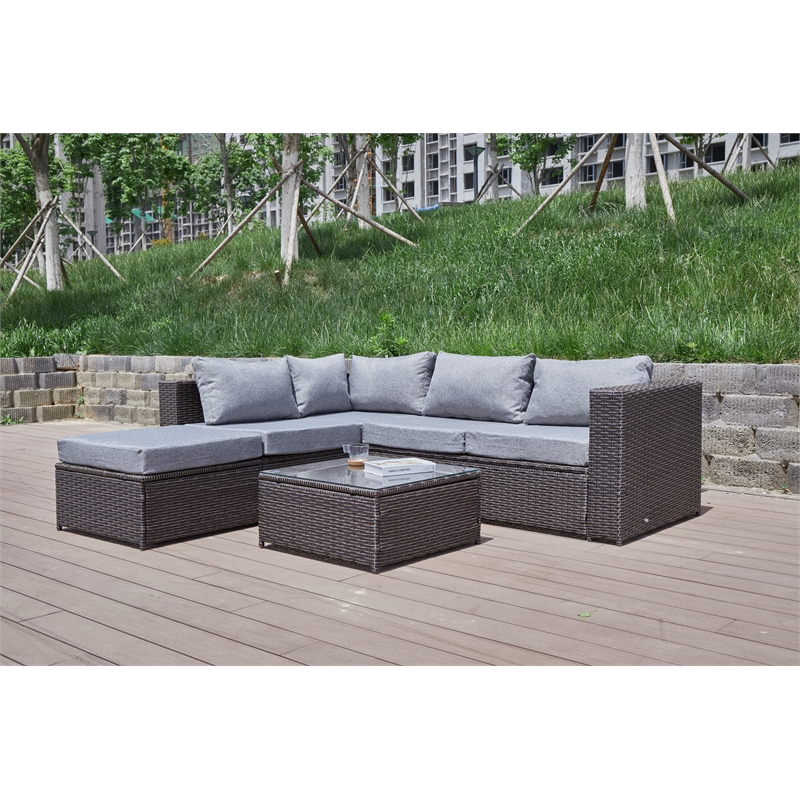 Kingway Furniture Venor Grey Wicker/Rattan Sectional with Glass top Coffee table