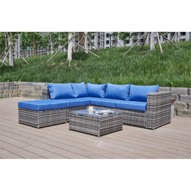 Kingway Furniture Venor Blue Wicker/Rattan Sectional with Glass top Coffee table