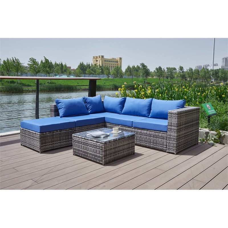 Kingway Furniture Venor Blue Wicker/Rattan Sectional with Glass top Coffee table