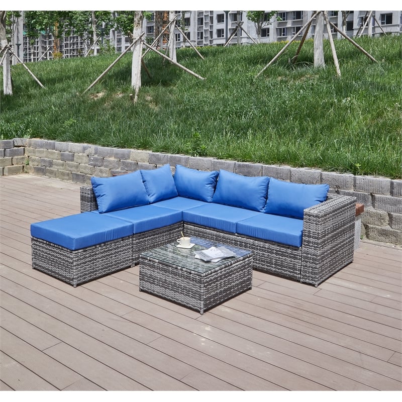 Kingway Furniture Venor Blue Wicker/Rattan Sectional with Glass top Coffee table